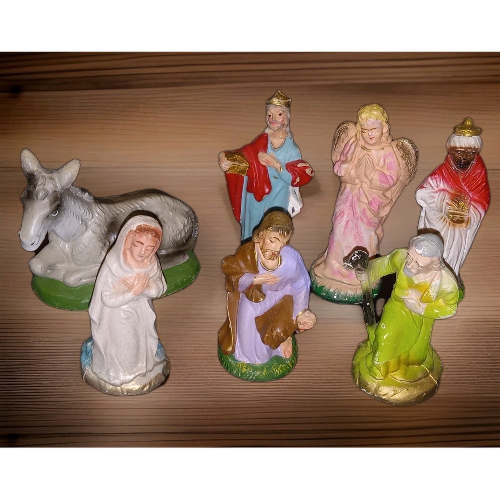 7 Vintage Fontanini Paper Mache‎ Nativity  Angel Wise Men Mary Donkey Italy